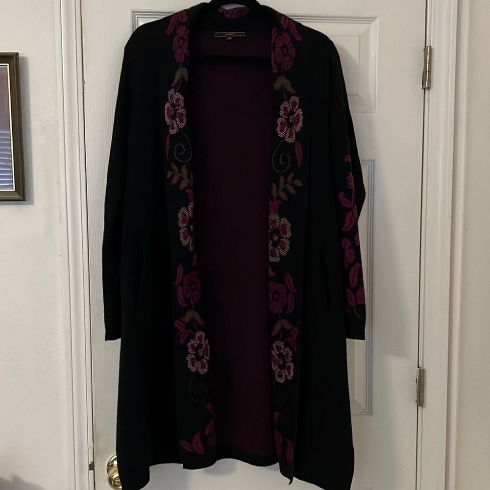 Maxsport size M sweater jacket with shawl collar and flower detail.